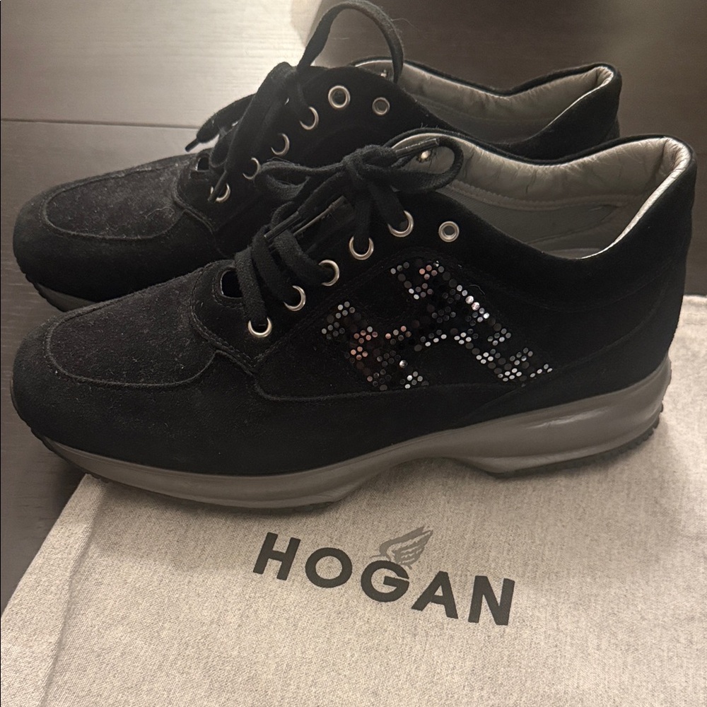 Hogan women’s  Black Suede Sneakers with Gray Sole and sequin H detail. $575
